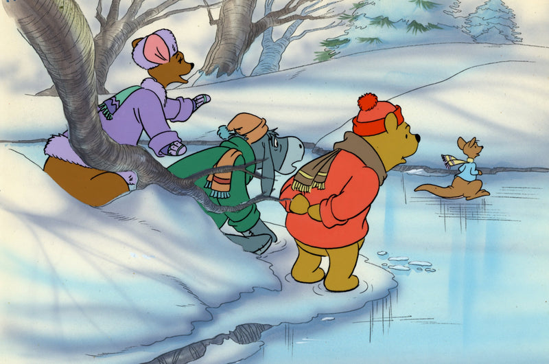 Kanga, Roo, Pooh, Eeyore Original Production Cel on Hand Painted Background