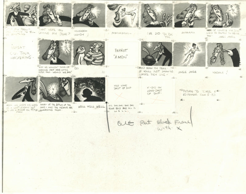 1940s Peter Pan Stat Storyboard Sheet: Captain Hook, Smee, Tinkerbell