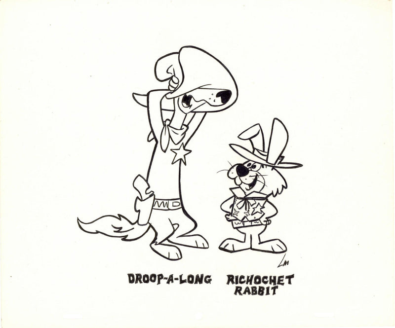 Droop-A-Long Coyote and Ricochet Rabbit Pen and Ink Drawing Circa 1960s