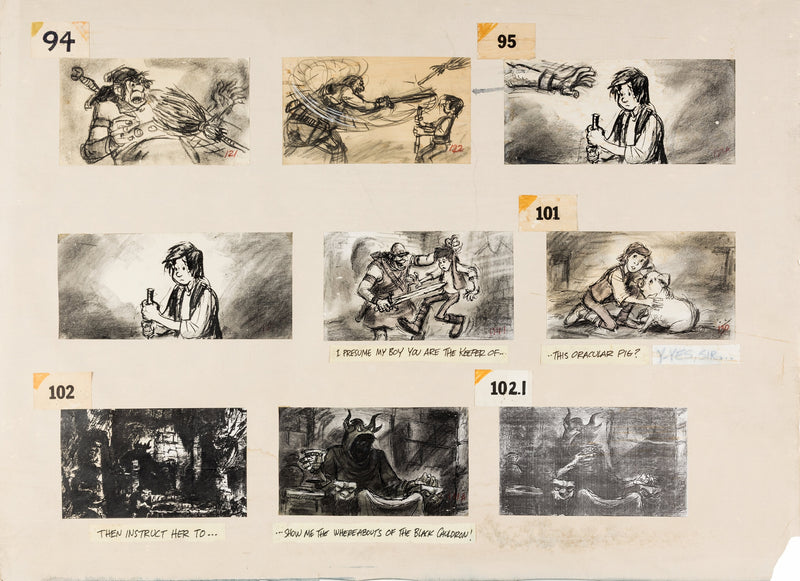 The Black Cauldron Original Storyboard Sequence (Set of 9): Taran, Hen Wen, Horned King, Henchman