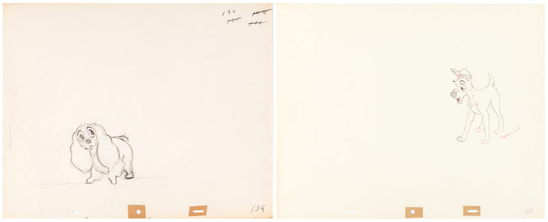 Lady and the Tramp Pair of Vintage Original Production Drawings: Lady, Tramp