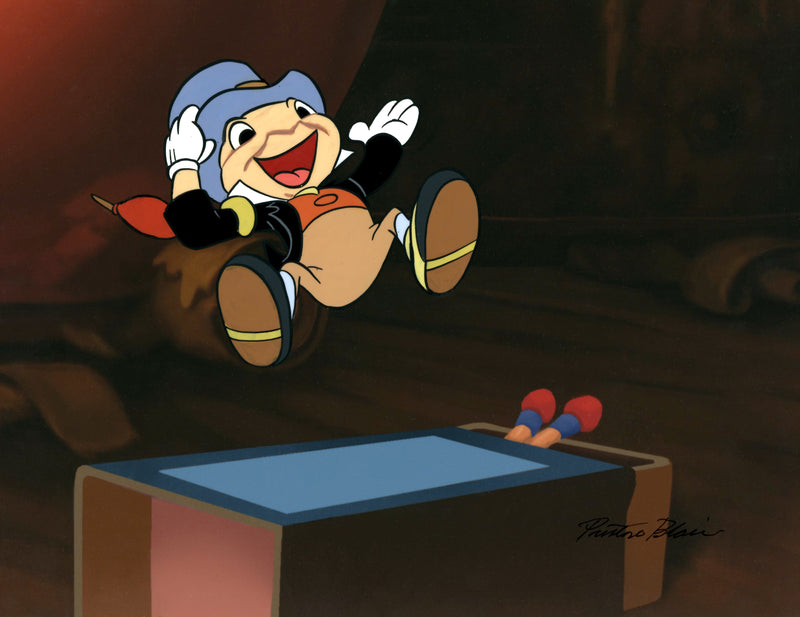 Jiminy Cricket Original Production Cel with Matching Drawing Signed by Preston Blair