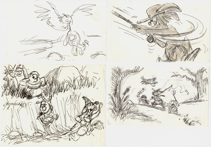 The Rescuers Storyboard Drawings (Set of 4): Deadeye, Deacon Owl, Gramps, Ellie Mae, Luke