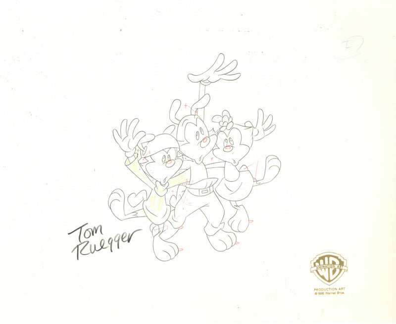 Animaniacs Original Production Drawing Signed by Tom Ruegger: Yakko, Wakko, Dot