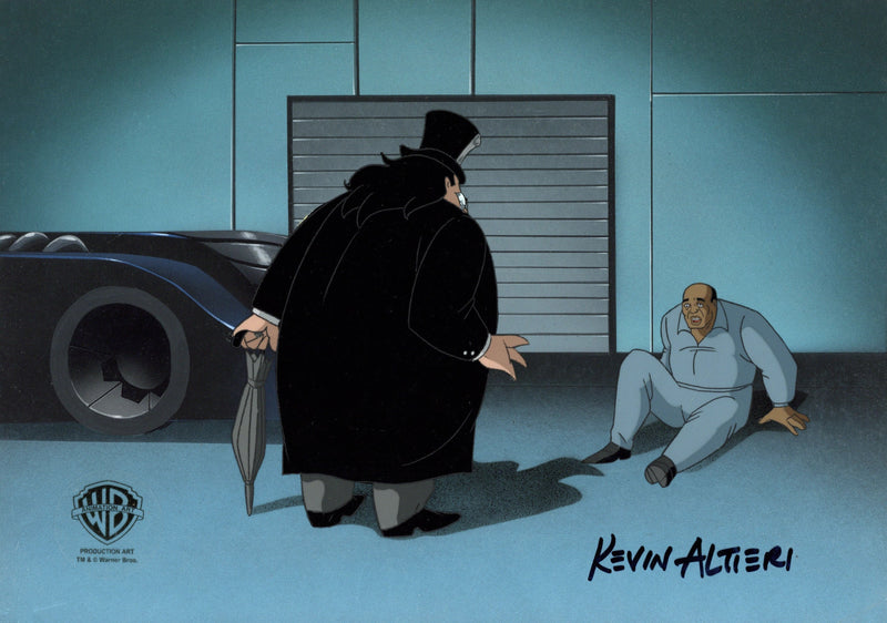 Batman The Animated Series Original Production Cel Signed by Kevin Altieri On Original Background: The Penguin, Lucius Fox