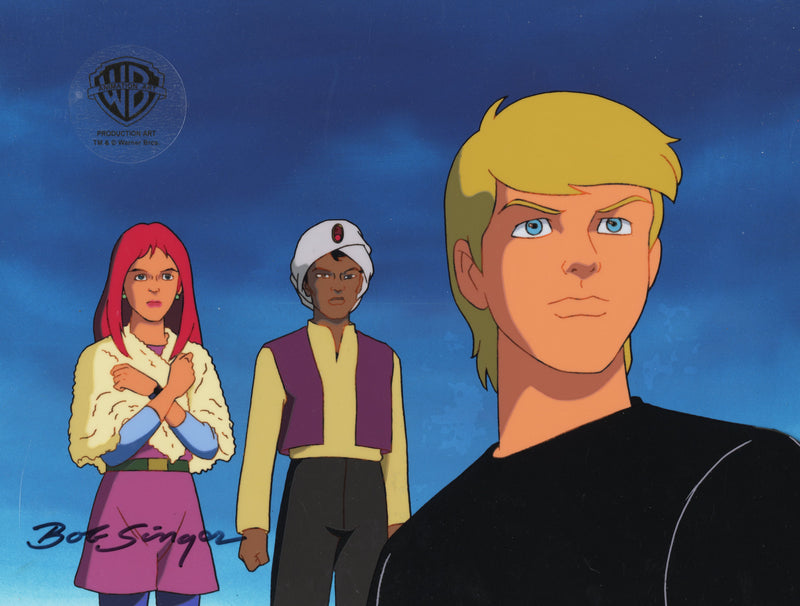 The Real Adventures of Jonny Quest Original Production Cel w/ Original Background Signed by Bob Singer: Jonny, Jessie, and Hadji