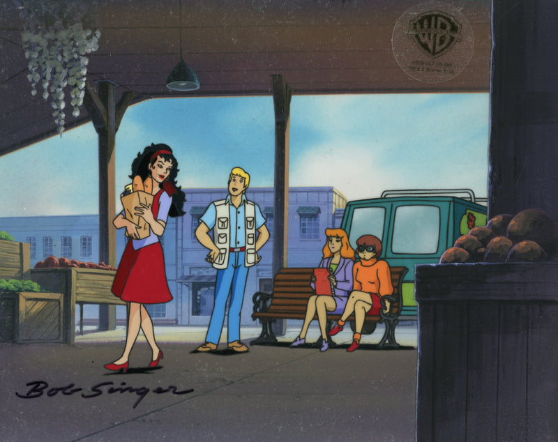 Scooby-Doo on Zombie Island Original Production Cel with Original Production Background Signed by Bob Singer: Lena, Fred, Daphne, Fred