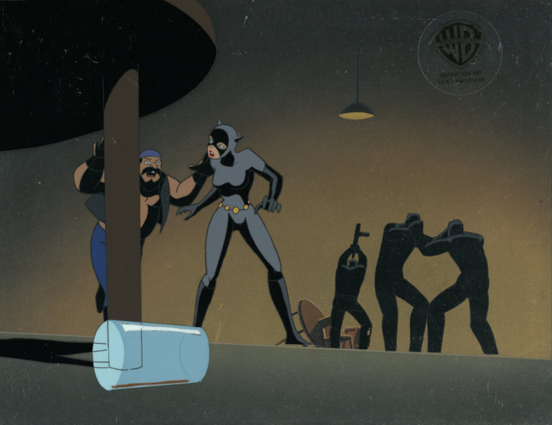 Batman The Animated Series Original Production Cel On Original Background: Catwoman, Thugs