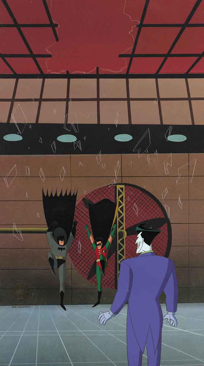 The New Batman Adventures Original Production Pan Cel with Matching Drawing: Batman, Robin and Joker