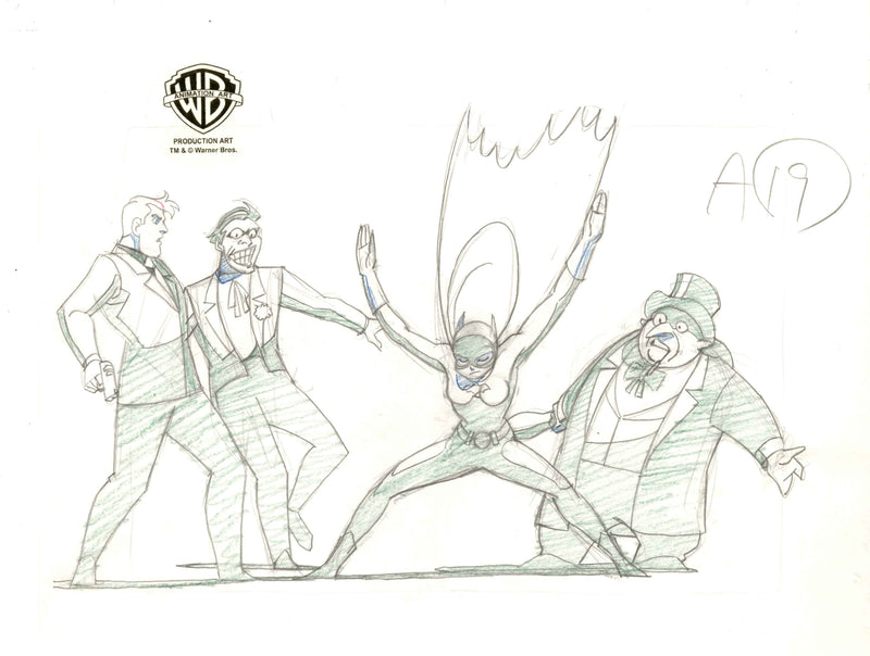 Batman The Animated Series Original Production Drawing: Batgirl, Two-Face, Joker and Penguin