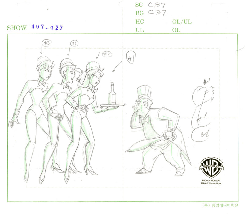 The New Batman Adventures Original Production Drawing: Penguin, Raven, Jay and Lark