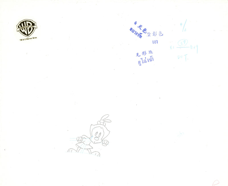 Animaniacs Original Production Cel with Matching Drawings Signed by Tom Ruegger: Yakko, Wakko, Dot