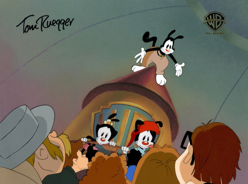 Animaniacs Original Production Cel with Matching Drawings Signed by Tom Ruegger: Yakko, Wakko, Dot