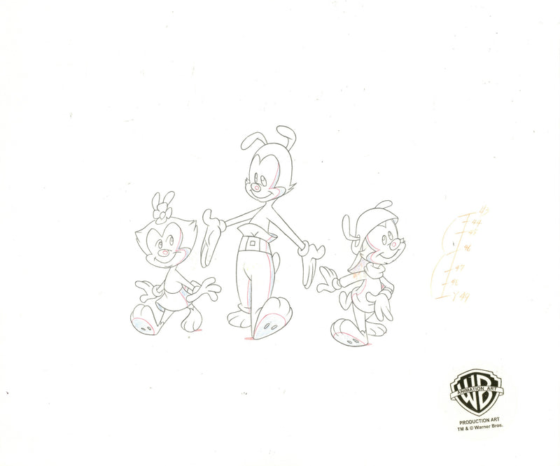 Animaniacs Original Production Cel with Matching Drawing Signed by Tom Ruegger: Yakko, Wakko, Dot