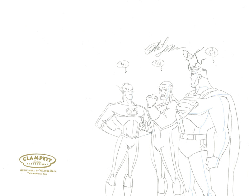 Justice League Original Production Drawing Double Aperture Signed by Susan Eisenberg, Phil LaMarr, and George Newbern: Wonder Woman, Flash, Green Lantern, Superman