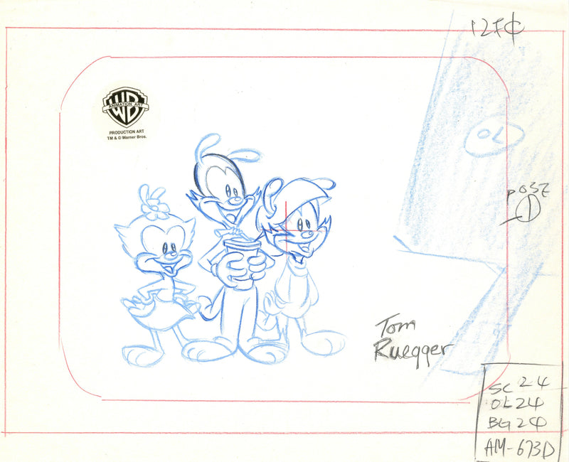 Animaniacs Original Production Drawing Signed by Tom Ruegger: Yakko, Wakko, Dot
