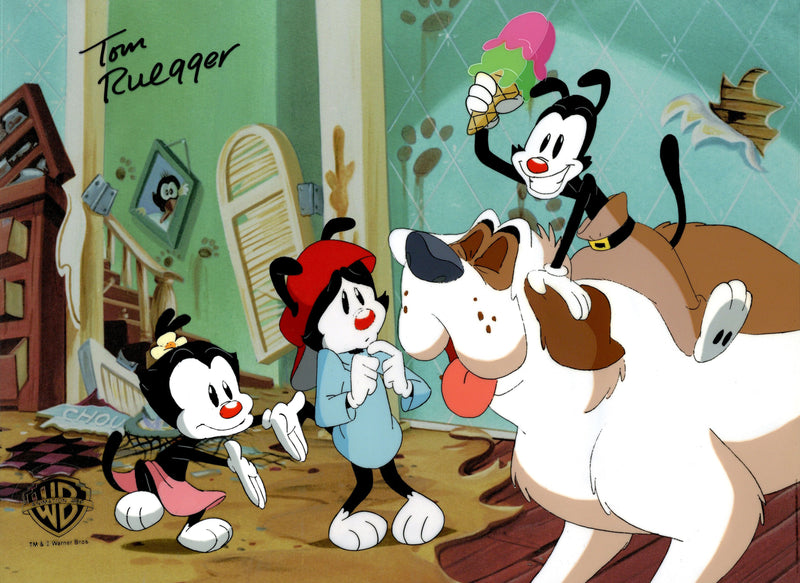Animaniacs Original Production Cel with Matching Drawings Signed by Tom Ruegger: Yakko, Wakko, Dot