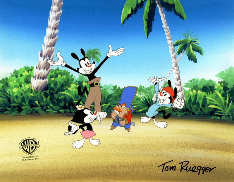 Animaniacs Original Production Cel Signed by Tom Ruegger: Yakko, Wakko, Dot, Captain Mel