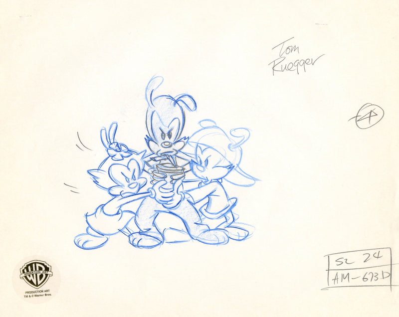 Animaniacs Original Production Drawing Signed by Tom Ruegger: Yakko, Wakko, Dot