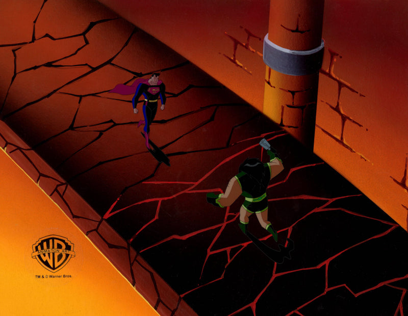 Superman The Animated Series Original Production Cel on Original Background with Matching Drawings from Cut Scene: Superman, Kalibak