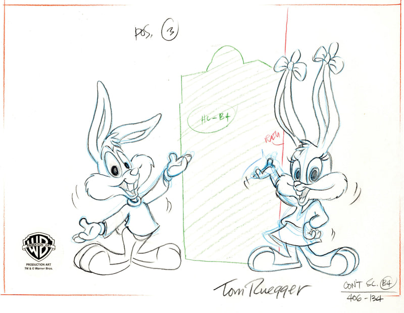 Tiny Toons Original Production Drawing Signed by Tom Ruegger: Buster Bunny and Babs Bunny