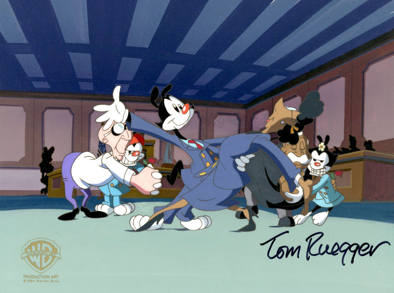 Animaniacs Original Production Cel Signed by Tom Ruegger: Wakko, Yakko, Dot, Dr. Scratchansniff