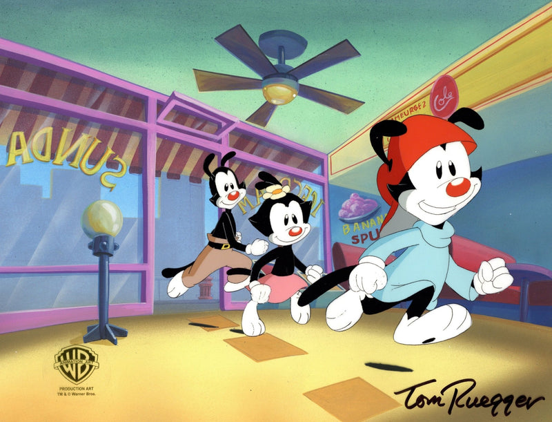 Animaniacs Original Production Cel on Original Background with Matching Drawing Signed by Tom Ruegger: Wakko, Yakko, and Dot - Choice Fine Art