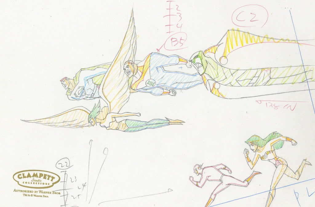 Justice League Original Production Drawing: The Flash, Superman,Wonder Woman, Green Lantern, Martian Manhunter, and Hawkgirl - Choice Fine Art