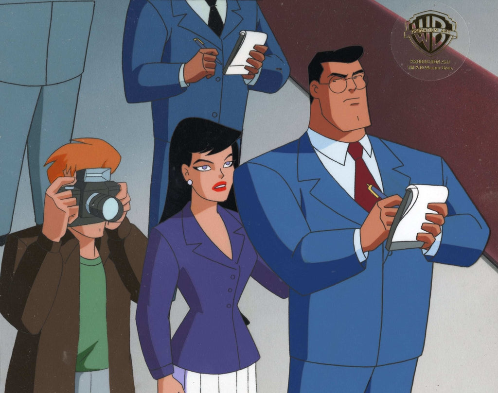 Superman the Animated Series Original Production Cel on Original Background: Clark Kent, Lois Lane, and Jimmy Olsen - Choice Fine Art