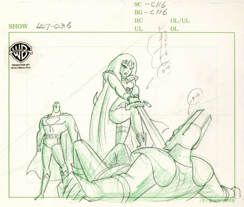 Superman the Animated Series Original Production Drawing: Superman, Maxima, and De' Cine - Choice Fine Art