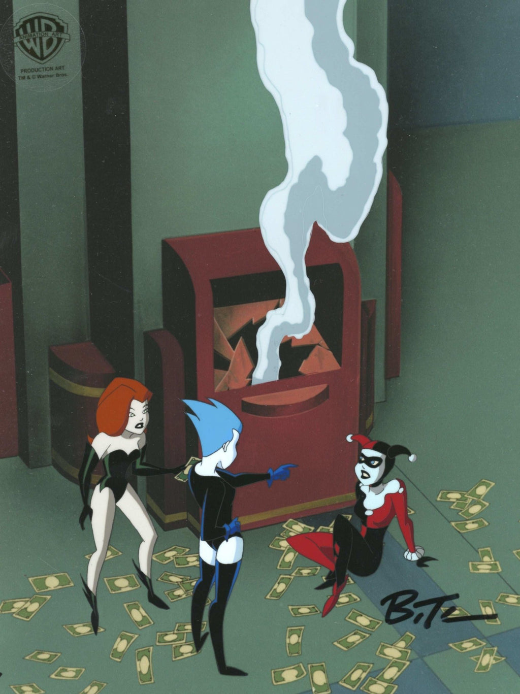 The New Batman Adventures Original Production Cel with Matching Drawing Signed by Bruce Timm: Harley Quinn, Livewire, and Poison Ivy - Choice Fine Art