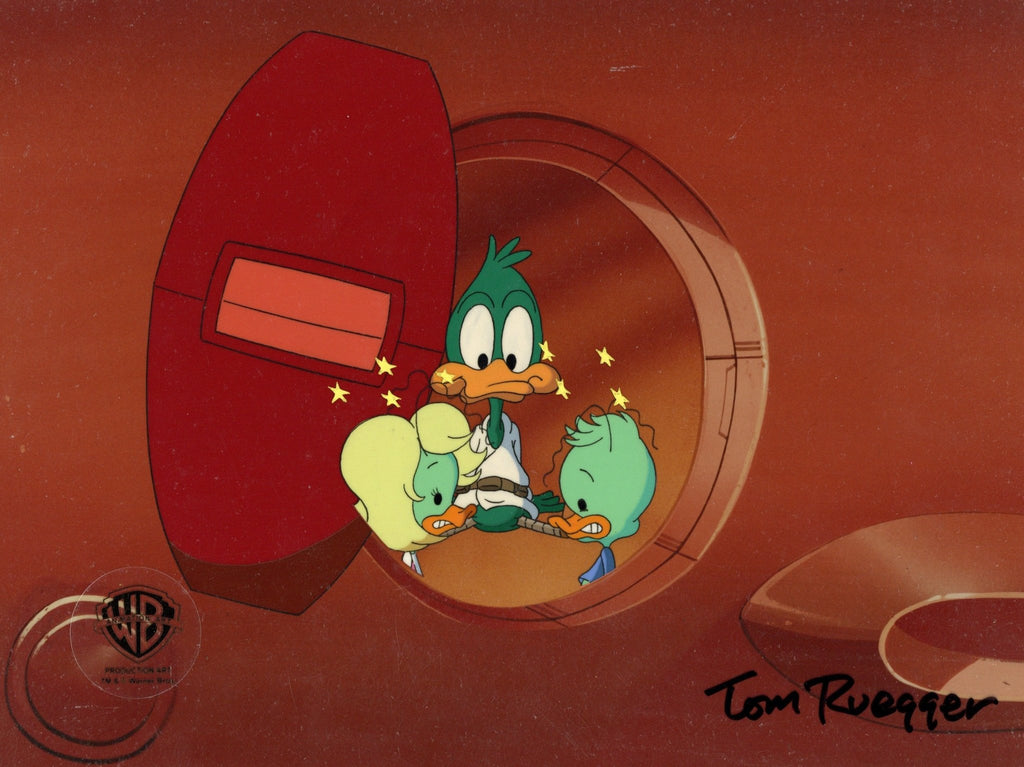 Tiny Toons Adventures Original Production Cel Signed by Tom Ruegger: Plucky Duck, Frank, and Ollie - Choice Fine Art